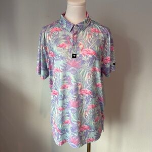 Bad Birdie Mingos Polo Shirt Sz S Tropical Pink Flamingo Floral Golf